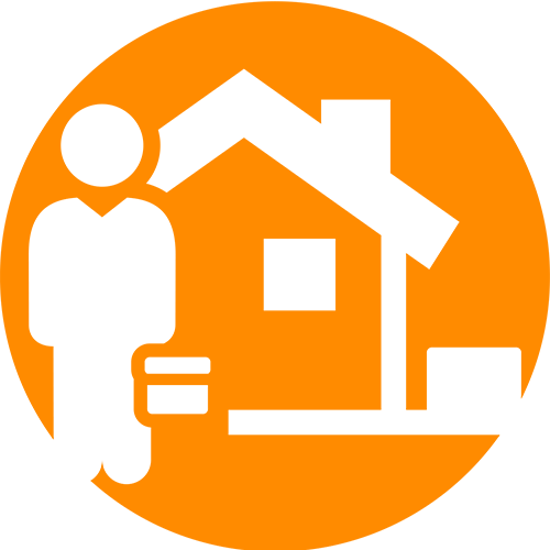 Icon: person holding a toolbox in front of a home.